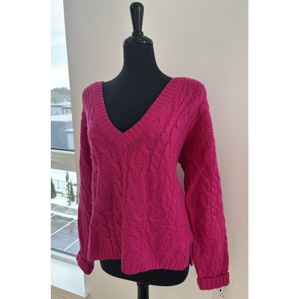 Evan Picone Vntg Fuchsia Pink Deep V Neck 100% Wool Heavy Sweater Oversized M - Picture 2 of 6